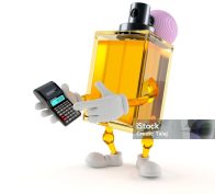 Perfume character using calculator isolated on white background. 3d illustration